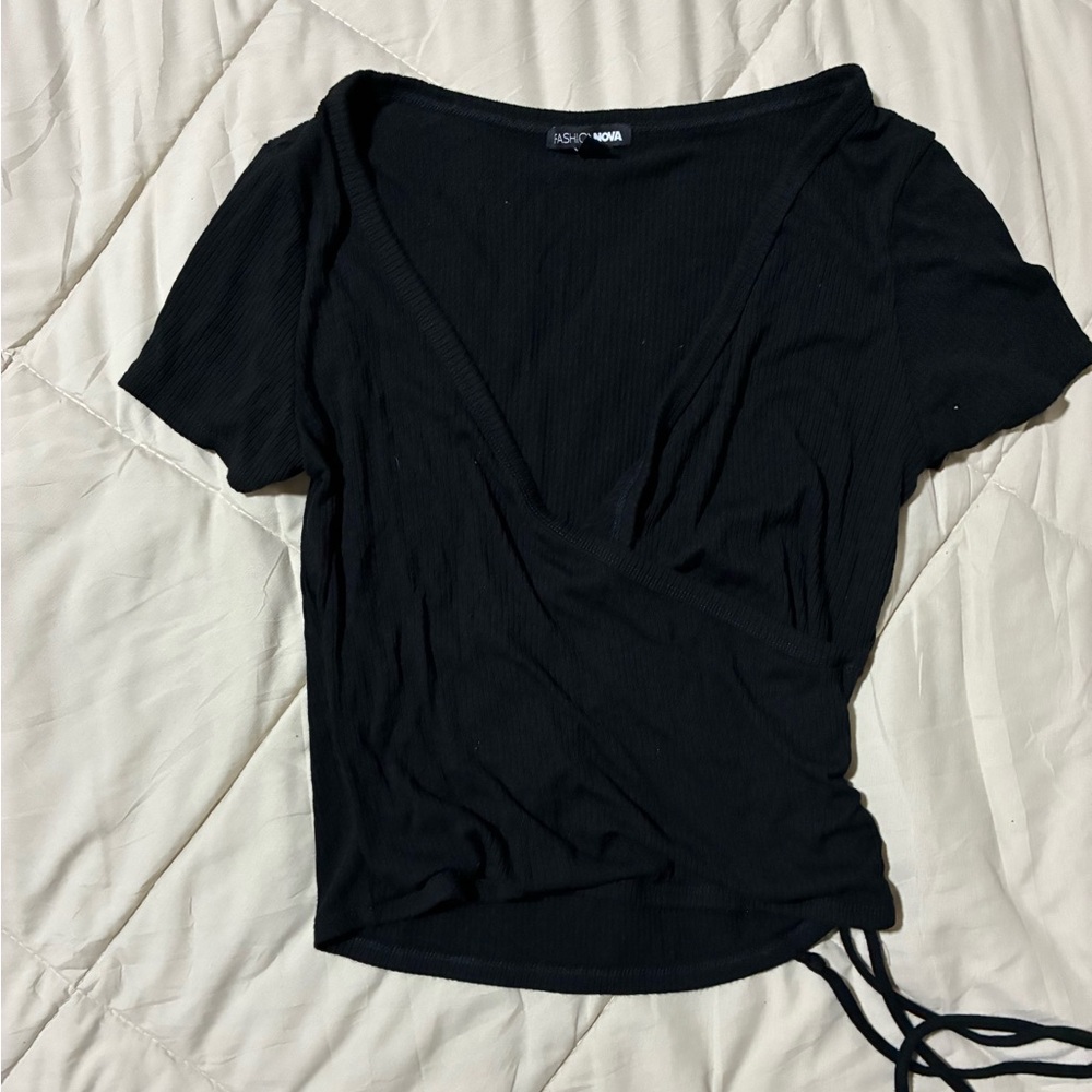 Fashion Nova Black Ribbed Wrap Blouse